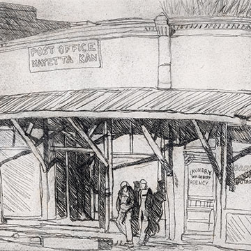 an etching of the front of the Mayetta, Kansas post office featuring two figures stepping into the street
